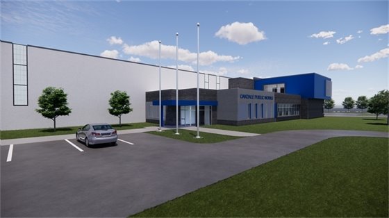 Rendering of front entrance of new Public Works facility