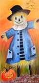 painting of a white scarecrow with blue jacket and brown hat on an orange background