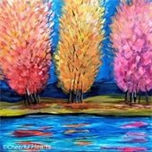 Painting of trees reflected in water