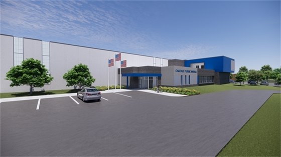 Rendering of front entrance of new Public Works facility