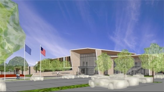 rendering of a light tan brick building with a glass entrance in the center with outlines of people and cars and trees