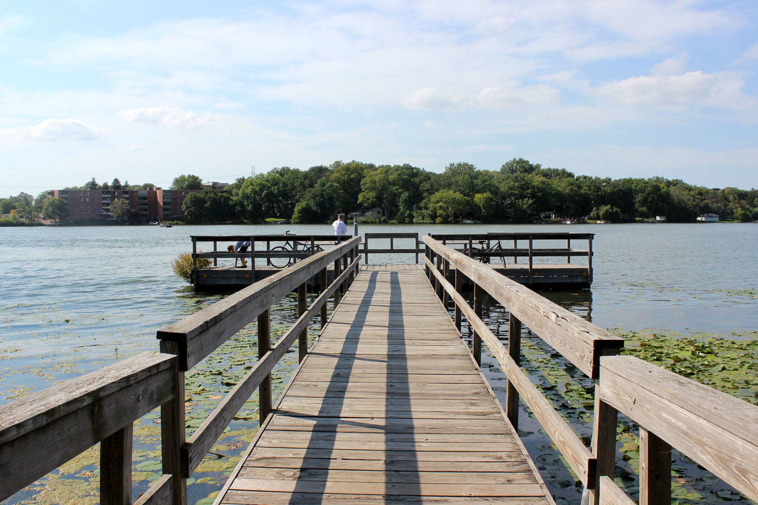 Kids with bikes on fishing pier on a lake with lily pads with trees on horizon