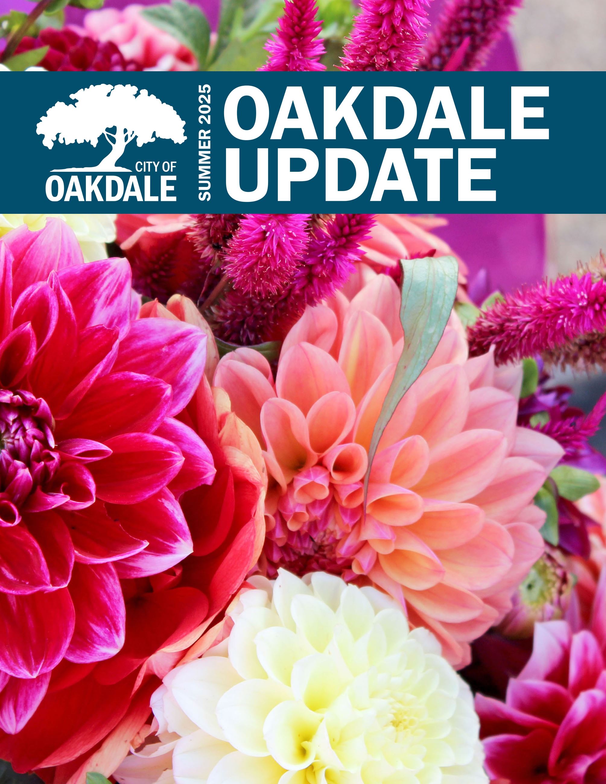 Cover of newsletter with closeup image of bright pink flowers and text "SUMMER 2025 OAKDALE UPDAT